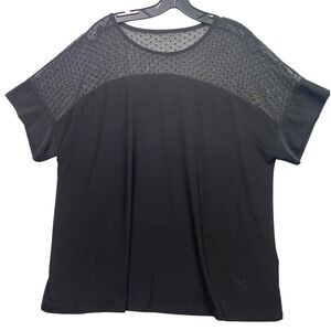 Anne Klein Blouse Womens 1XL Black Polka Dot Sheer Yoke‎ Mature Old Money